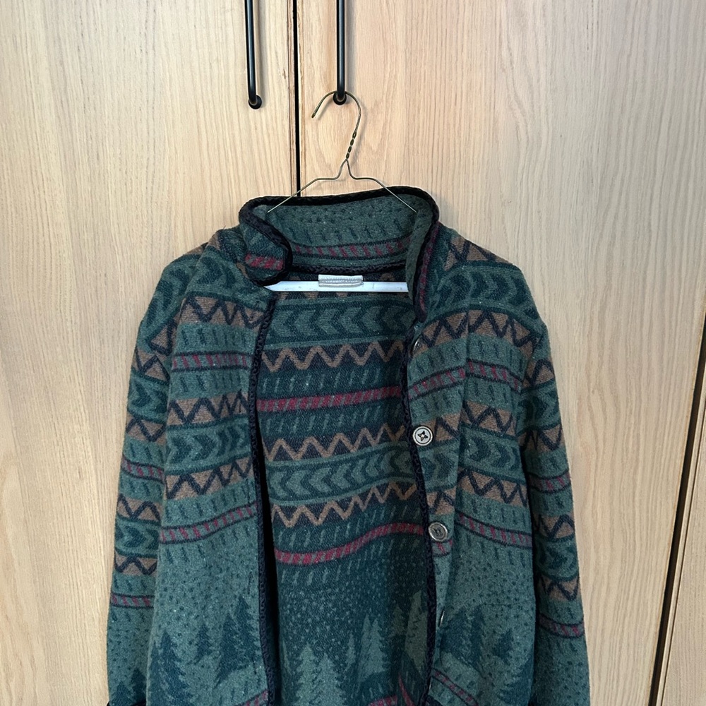 Men's Green Patterned Button-Front Sweater